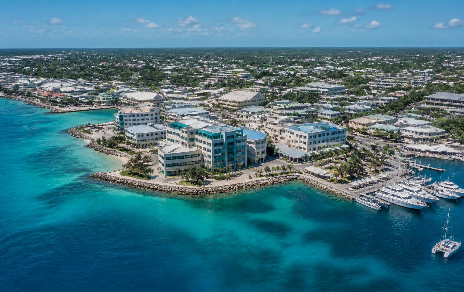 Aerial view of the George Town waterfront in Grand Cayman