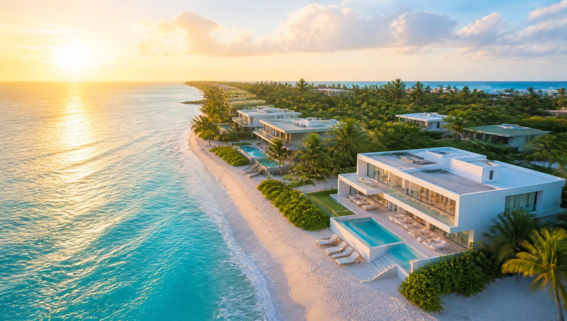 Aerial view of Seven Mile Beach with luxury waterfront residences in Grand Cayman